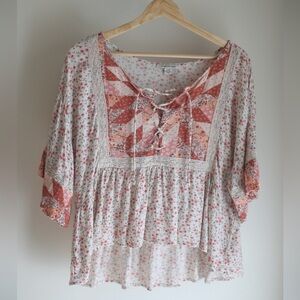 American Eagle Outfitters Lace-Up Floral Boho Top - Pink/Cream